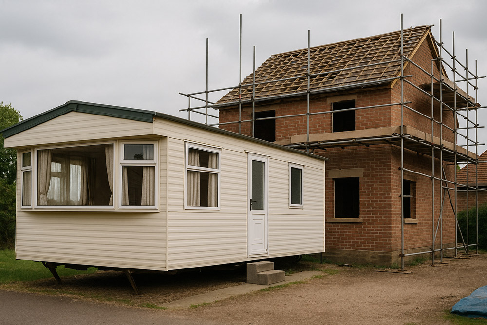static caravan next to house being renovated