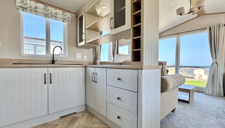 Stunning static caravan interior kitchen and lounge area