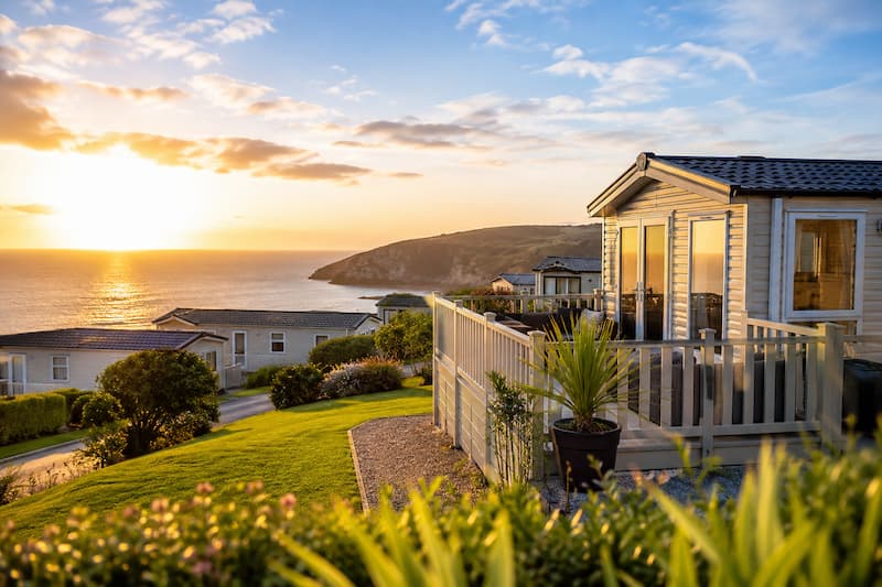 Modern static caravan with decking overlooking the coast at a UK holiday park